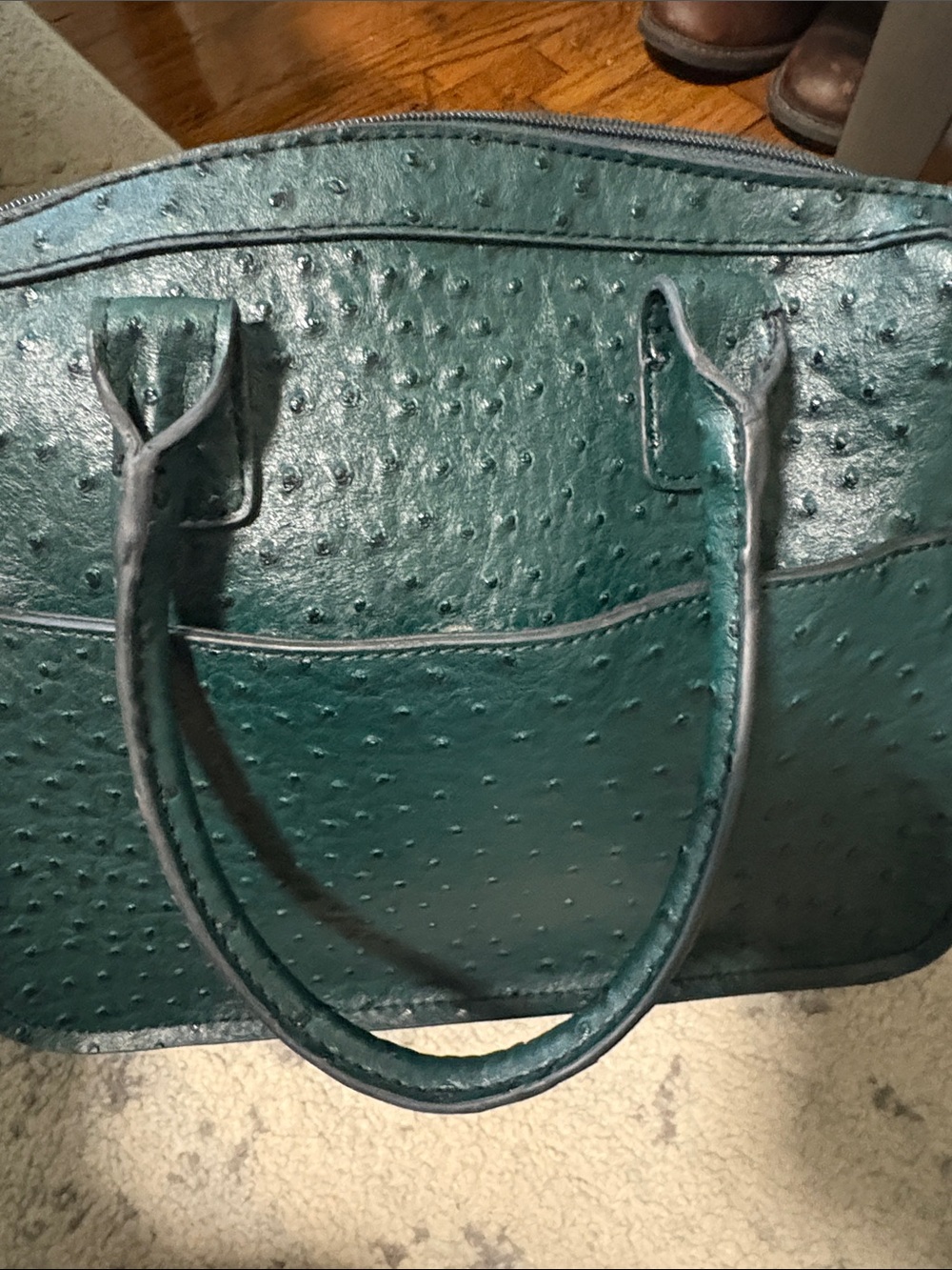 London Fog Dark Green Ostrich-Embossed Simulated Leather Satchel Handbag - Picture 5 of 12